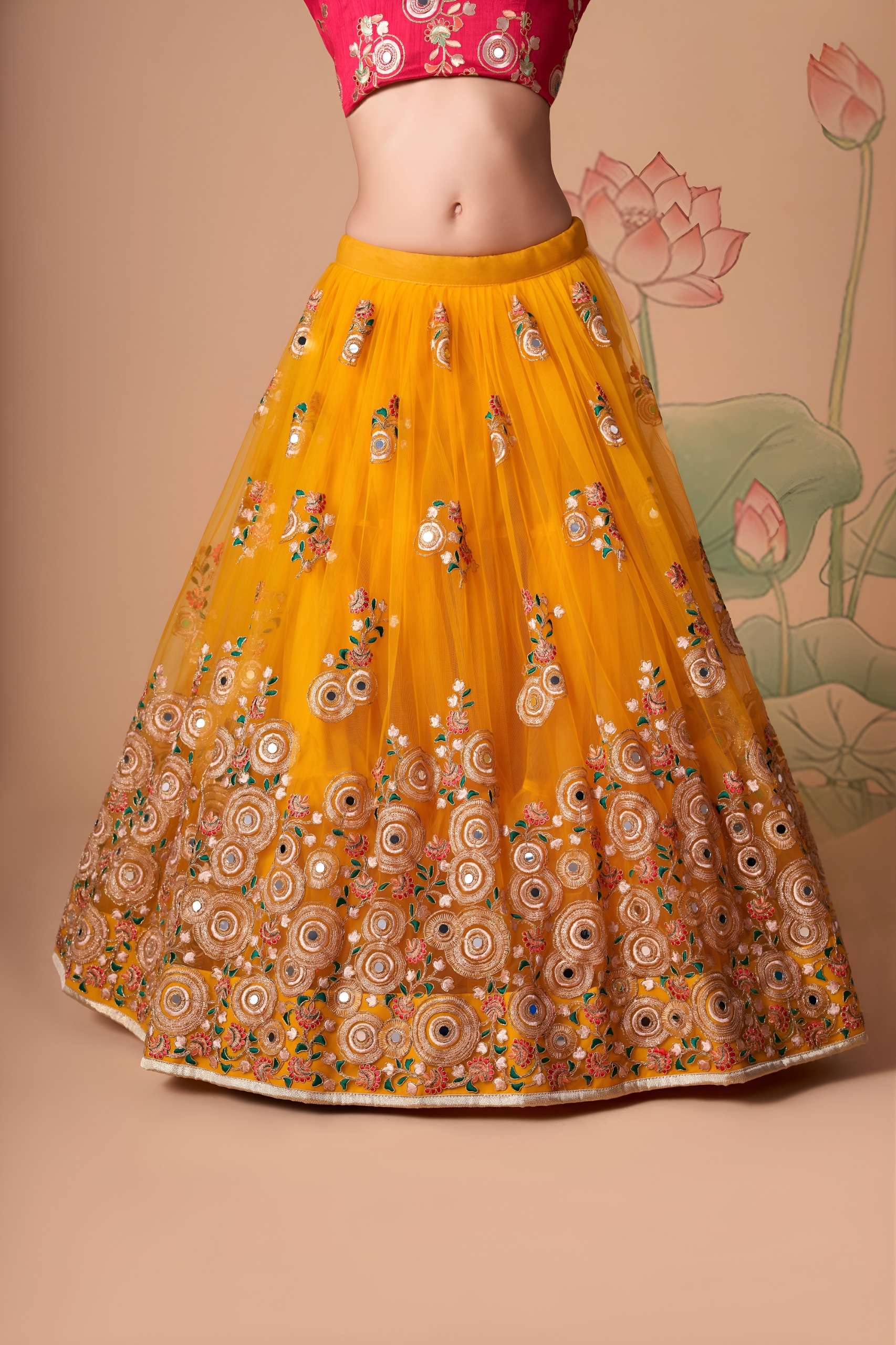 Mustard Yellow & Rani Pink colour fabric with Mirror Work on Lehenga Choli supplier in surat 7324 Yellow